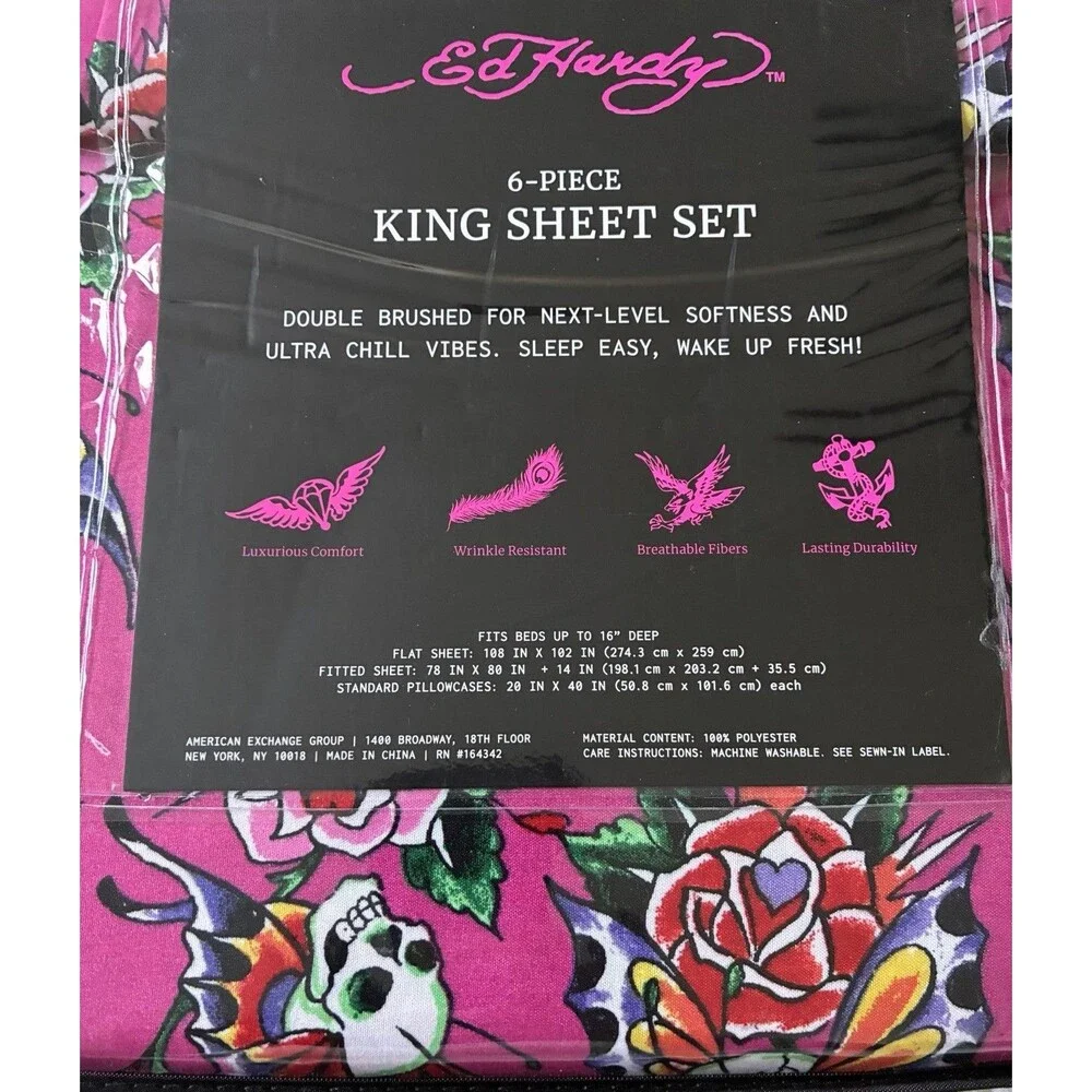 Ed Hardy King Sheet Set Pink Skull Rose Butterfly 6 Piece 4 Pillowcases New